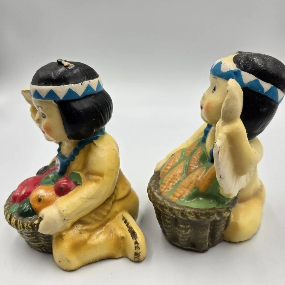 Vintage Set New Novelty Native American Thanksgiving‎ Pilgrim Boy Girl Candles